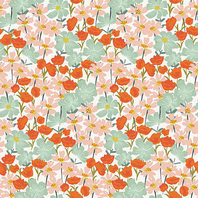 Floral Drawings Rights Managed Images - Garden of beautiful hand-drawn flowers in pink, orange, and mint on white background. Floral seamless illustration pattern. Royalty-Free Image by Julien
