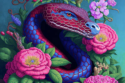 Reptiles Mixed Media - Garden Snake and Flowers by Billy Bateman