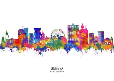 Music Tees - Geneva Switzerland Skyline by NextWay Art