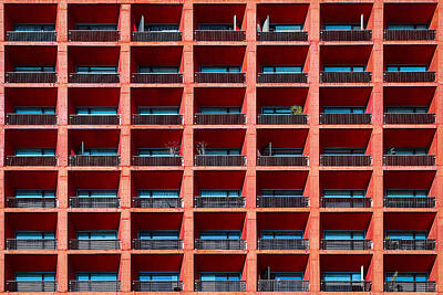 City Scenes Drawings - Geometric architectural background of coral color. Part of a building in Mexico City. by Julien