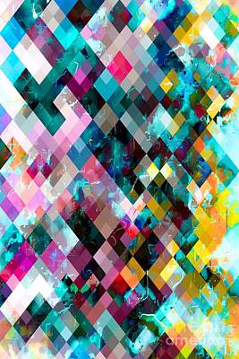 Seamstress - Geometric Square Pixel Pattern Abstract Background In Blue Pink Orange Purple by Tim LA