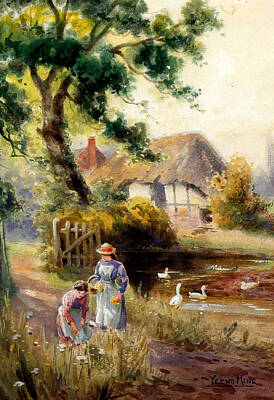 Vintage Board Games Rights Managed Images - George Gregory British 1849 1938 Figures on a lane before a cottage Royalty-Free Image by Artistic Rifki