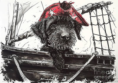 Animals Drawings - German Wirehaired Pointer Buccaneer Explores the Seas on a Pirate Ship by Adrien Efren