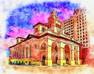 Recently Sold - City Scenes Digital Art - Gesu Church in Miami, Florida - pen and watercolor  by Nicko Prints