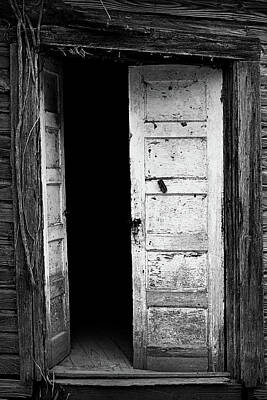 Sarah Yeoman Crow Paintings - Ghost Town Open Door in Black and White by Nadalyn Larsen