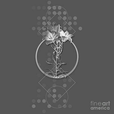 Lilies Mixed Media - Ghostly Gray Fire Lily Botanical with Geometric Motif n.0460 by Holy Rock Design