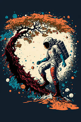 Fantasy Paintings - giant  astronaut  crush  earth  t  shirt  design  wood  by Asar Studios by Celestial Images