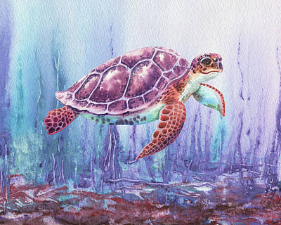 Reptiles Paintings - Giant Baby Turtle Under The Purple Sea Watercolor  by Irina Sztukowski