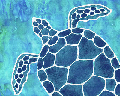 Vintage Signs - Giant Turtle Aquamarine Blue Sea Watercolor  by Irina Sztukowski