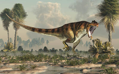 Reptiles Digital Art - Giganotosaurus Hunting in a Watery Lowland by Daniel Eskridge
