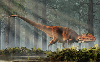 Reptiles Royalty-Free and Rights-Managed Images - Giganotosaurus in a Forest by Daniel Eskridge