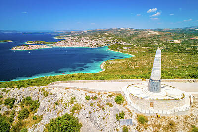Cities Photos - Gigantic Virgin Mary statue on hill above Primosten aerial view by Brch Photography