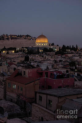 Skylines Drawings - gilded dome of the Dome of the Rock at sunset e2 by Ilan Amihai