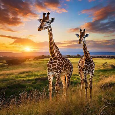 Landscapes Digital Art - Giraffes and sunset by Elizabeth Mix