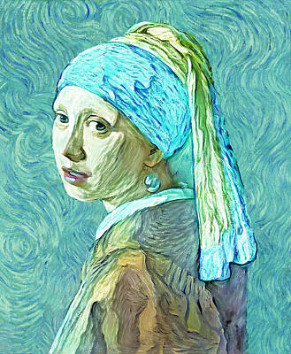 Recently Sold - Impressionism Digital Art Rights Managed Images - Girl with a Pearl Earring in the style of the Van Gogh self-portrait - digital recreation Royalty-Free Image by Nicko Prints