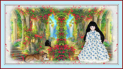 Surrealism Mixed Media Rights Managed Images - Girl With Her Friends In The Garden Royalty-Free Image by Constance Lowery