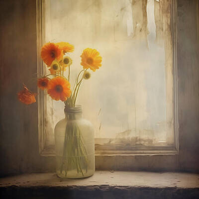 Still Life Digital Art - Glass Jug of Orange Yellow Flowers in Window by Yo Pedro