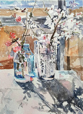 Cities Paintings - Glasswork with Early February Almond Blossoms by Victoria de los Angeles Olson