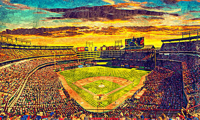 Baseball Digital Art - Globe Life Park in Arlington, Texas, at sunset - digital painting by Nicko Prints