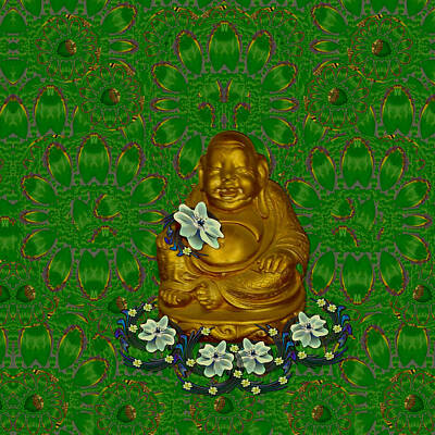 Landscapes Mixed Media Royalty Free Images - Gold Buddha is happy in the lotus landscape of silence and peace Royalty-Free Image by Pepita Selles
