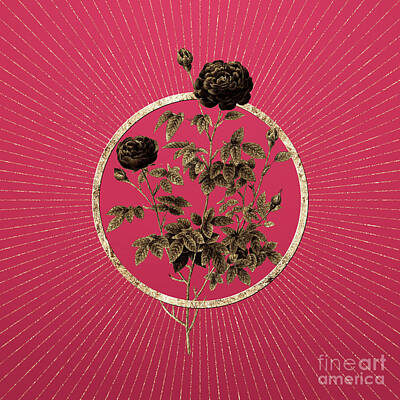 Whimsical Flowers - Gold Burgundy Cabbage Rose Glitter Botanical Art on Viva Magenta n.0109 by Holy Rock Design