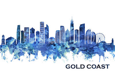 Modern Comic Designs - Gold Coast Australia Skyline Blue by NextWay Art