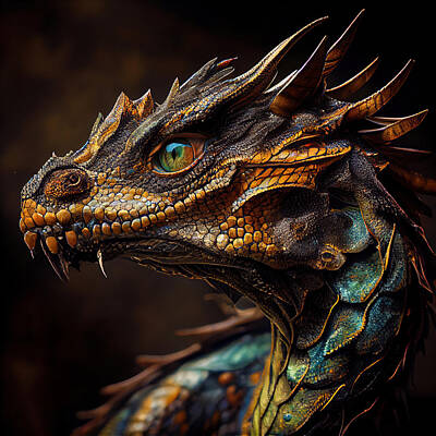 Lilies Royalty Free Images - Gold Emerald Dragon from - Imagine There are Dragons Collection Royalty-Free Image by Lily Malor