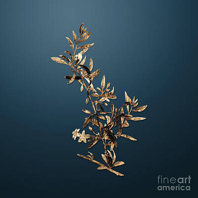 Roses Paintings - Gold Goji Berry Branch on Dusk Blue n.04032 by Holy Rock Design