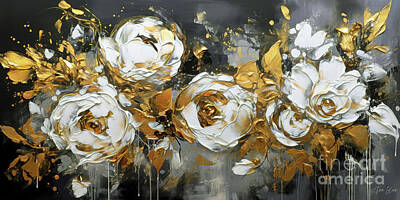 Roses Paintings - Golden Leaf White Roses by Tina LeCour