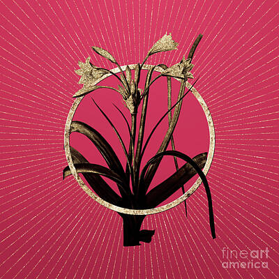 Lilies Mixed Media - Gold Malgas Lily Glitter Botanical Art on Viva Magenta n.0441 by Holy Rock Design