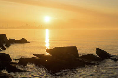 Lighthouse - Gold Mist Sunrise - Toronto Skyline with Rough Rocks by Georgia Mizuleva