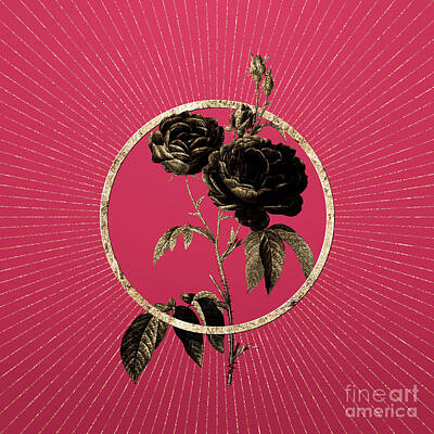 Roses Mixed Media - Gold Purple Roses Glitter Botanical Art on Viva Magenta n.0619 by Holy Rock Design