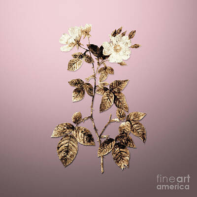 Food And Beverage Paintings - Gold Red Bramble Leaved Rose on Rose Quartz n.03118 by Holy Rock Design