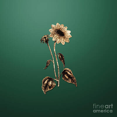 Sunflowers Paintings - Gold Trumpet Stalked Sunflower on Dark Spring Green GLDFLWR by Holy Rock Design