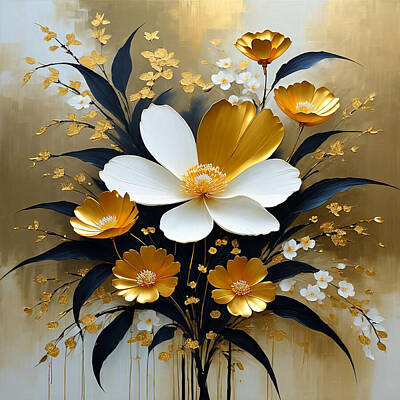 Abstract Flowers Digital Art - Golden and white flowers by Manjik Pictures