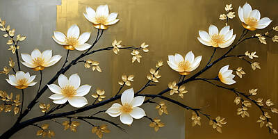 Florals Digital Art - Golden flowers are in full bloom by Manjik Pictures