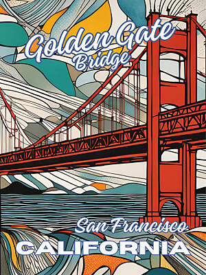 Skylines Paintings - Golden Gate Bridge - San Francisco - Travel Poster by CIKA Gallery