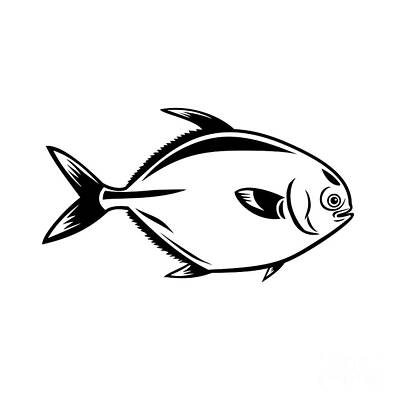 Modern Christmas - Golden Pompano Fish or Trachinotus in the Family Carangidae Viewed from Side Mascot Retro Black and White by Aloysius Patrimonio