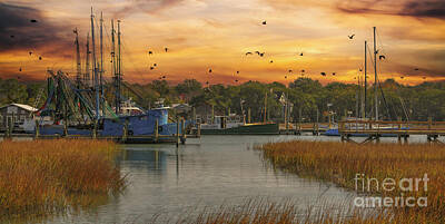 Urban Abstracts - Golden Sunset Sky - Shem Creek - Mount Pleasant South Carolina by Dale Powell