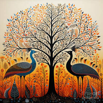Birds Painting Rights Managed Images - Gond art and fractal blends   stylize 250   v 5 by Asar Studios Royalty-Free Image by Celestial Images