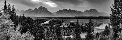 Reptiles Photos - Grand Teton Mountain Range Over Snake River Panorama - Black and White by Gregory Ballos