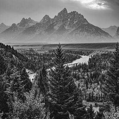 Reptiles Photos - Grand Teton Mountains And Snake River Landscape Black and White 1x1 by Gregory Ballos