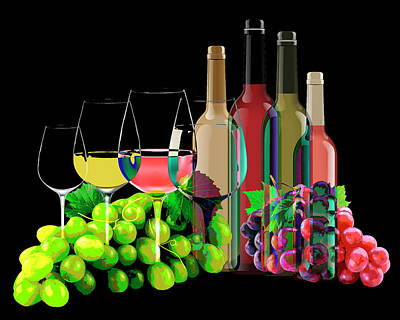 Wine Digital Art - Graphic Art Composition Of Grapes, Wine Glasses, and Bottles by Randall Nyhof