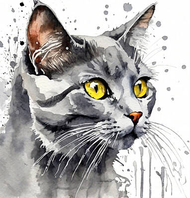 Portraits Digital Art - Gray Cat Pet Profile Cute Animals colorful Cats by Rhys Jacobson