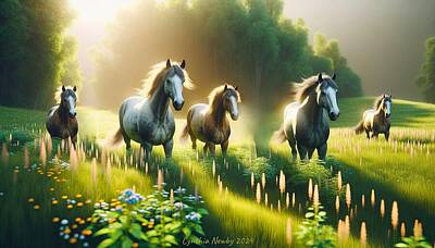 Animals Digital Art - Grazing Horses 2024 03180210 by Cindy