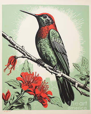 Birds Paintings - green hummingbird on a stick in a red colored by Asar Studios by Celestial Images