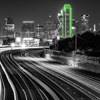 Skylines Royalty-Free and Rights-Managed Images - Green Light On The Dallas Skyline - Selective Color Edition by Gregory Ballos