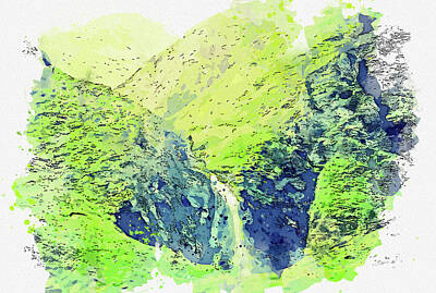 Mountain Paintings - Green Mountains in watercolor ca by Ahmet Asar  by Celestial Images