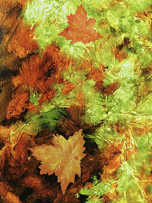 Royalty-Free and Rights-Managed Images - Green Orange Brown Fallen Leaves Abstract Watercolor  by Irina Sztukowski