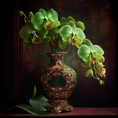 Lilies Rights Managed Images - Green Orchid in Antique Vase I Royalty-Free Image by Lily Malor